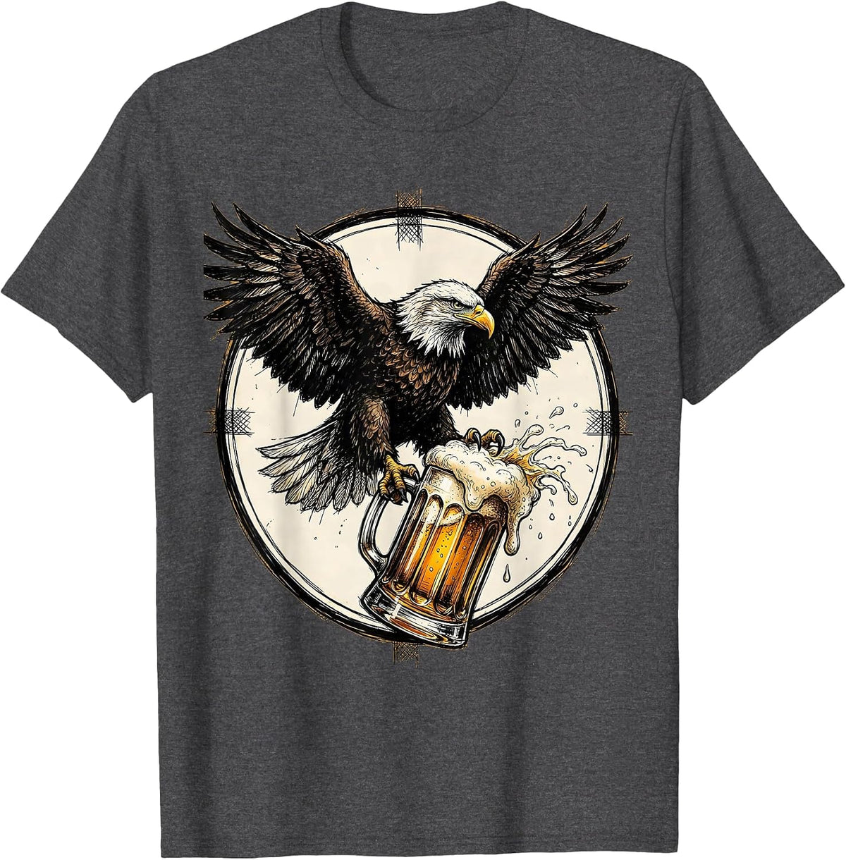 Eagle Gripping a Foamy Beer Stein Illustration T-Shirt - Dark Heather Grey