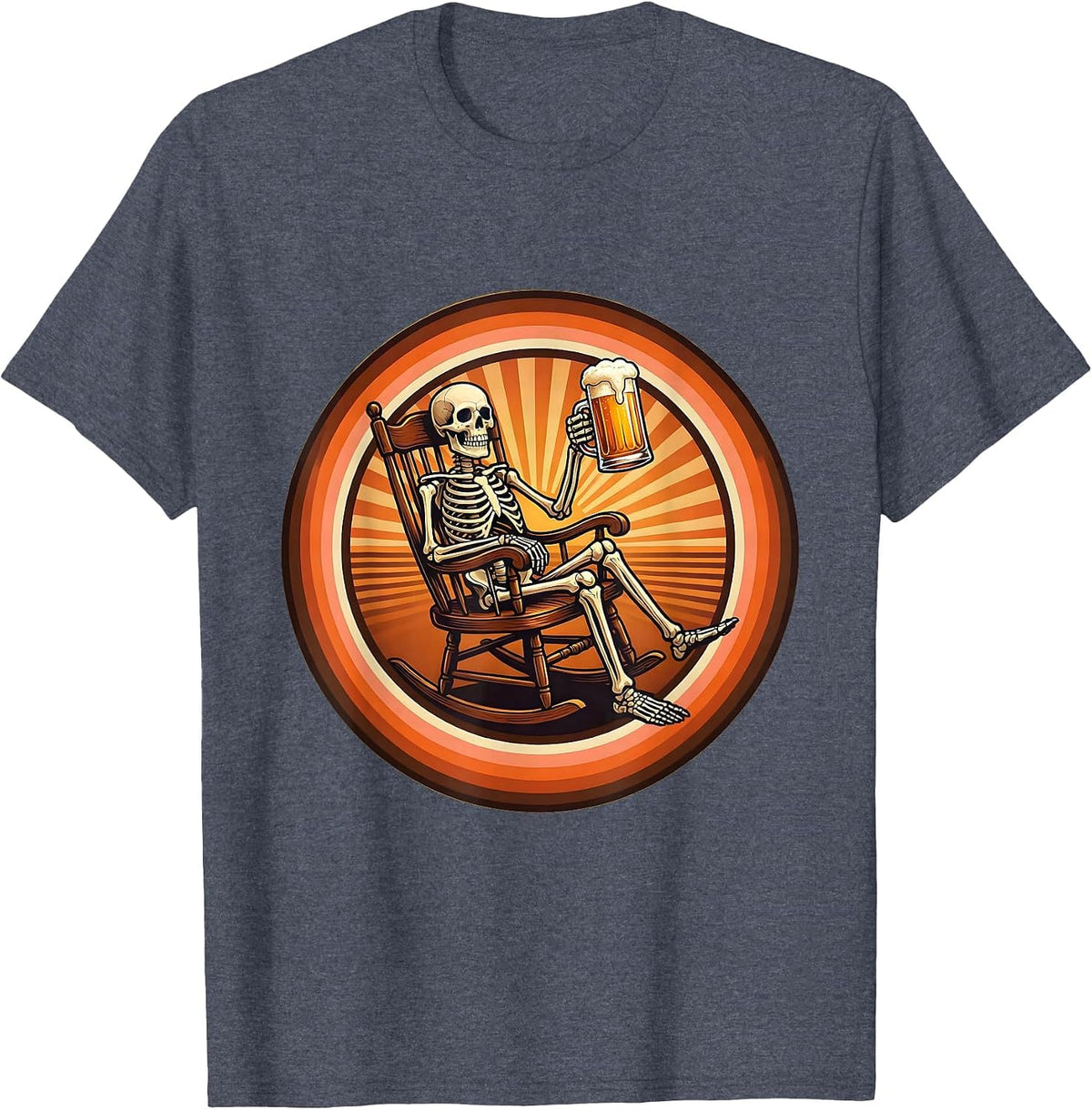 Skeleton Rocking Chair Beer Drinking Illustration T-Shirt - Heather Blue