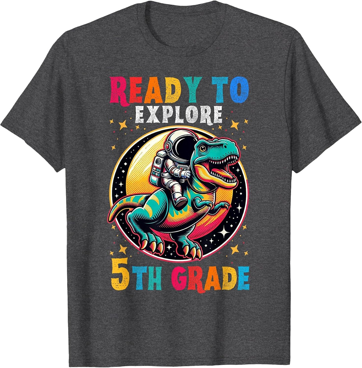 First Day Back to School 5th Grade Astronaut Dinosaur Boys T-Shirt - Dark Heather Grey