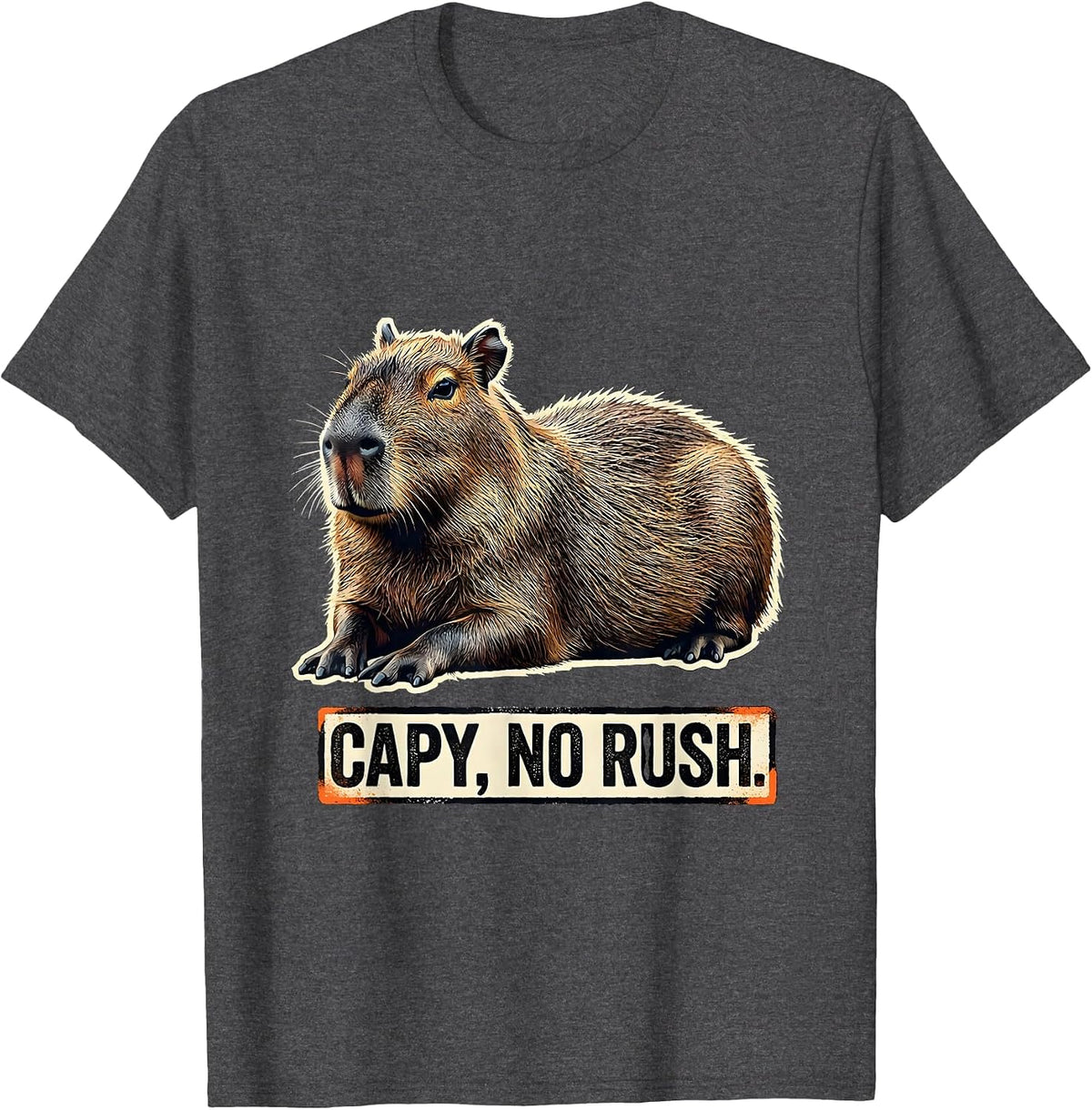 Capy, No Rush Stencil Graphic Funny Capybara Animal Lover T-Shirt - Dark Heather Grey