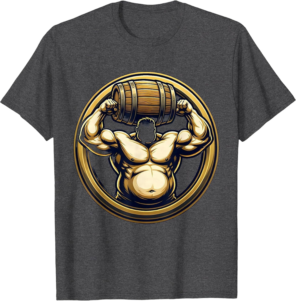 Stocky Beer Keg Flexing Muscle Graphic T-Shirt - Dark Heather Grey