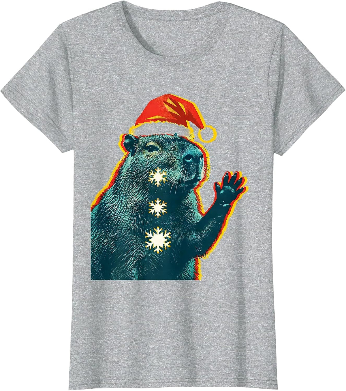 Capybara Santa Hat Risograph Holiday Animal Lover T-Shirt - Heather Grey