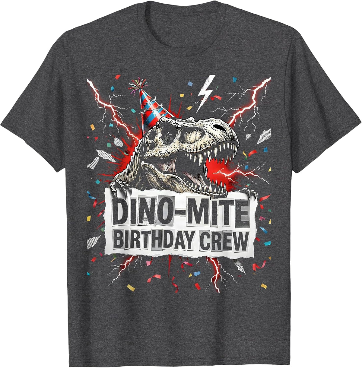 Men's Dino-mite Birthday Crew Dinosaur Design T-Shirt - Dark Heather Grey