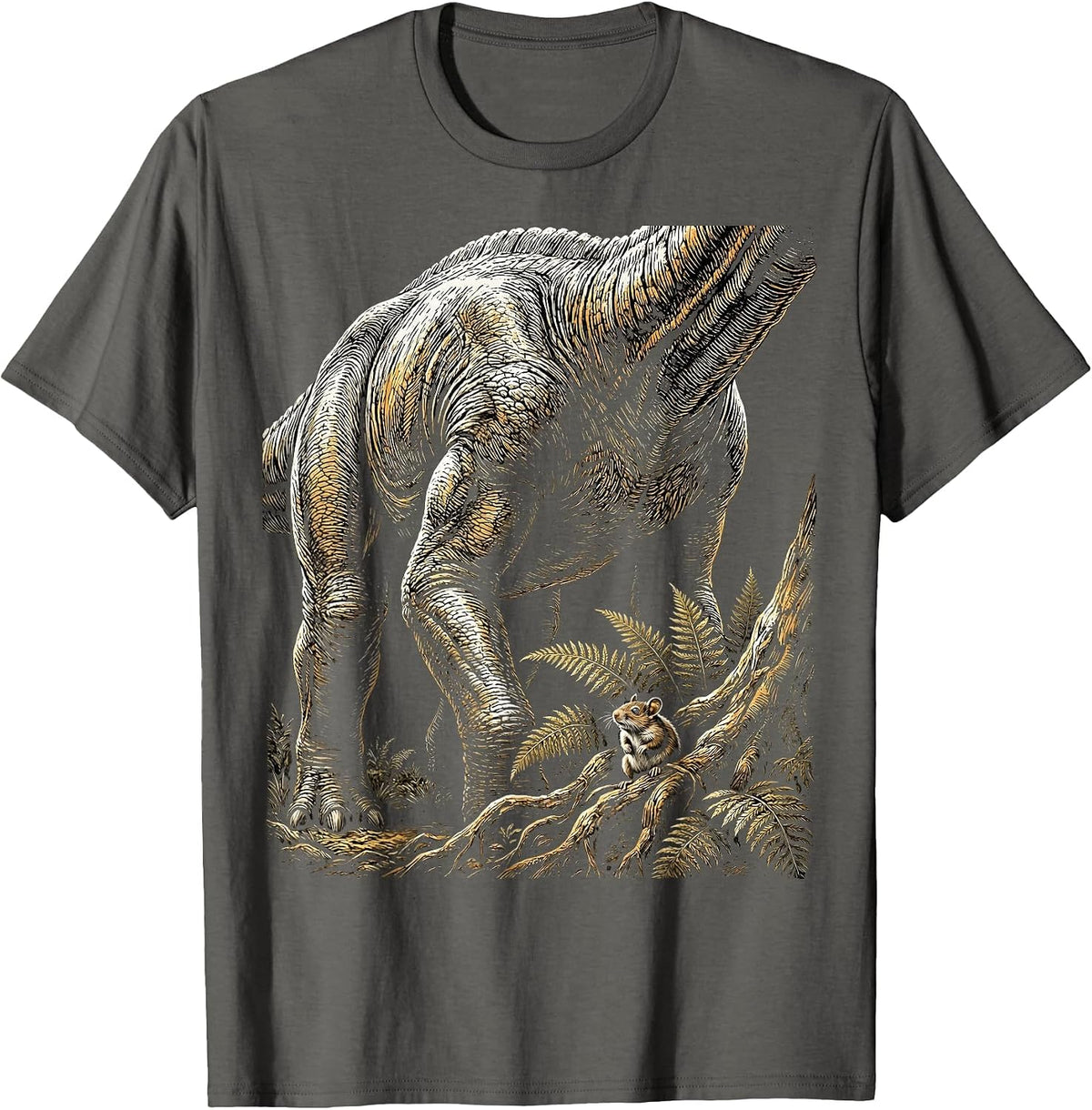 Small Mammal Watches Giant Dinosaur Pass By T-Shirt - Asphalt Grey