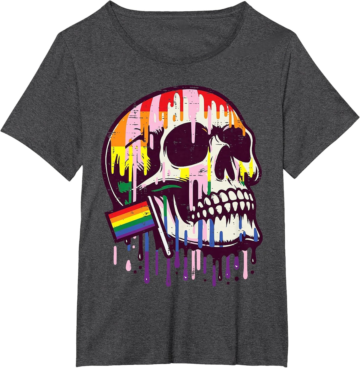Gay Pride Month Skull Skeleton LGBTQ Ally Rainbow Men Women T-Shirt - Dark Heather Grey