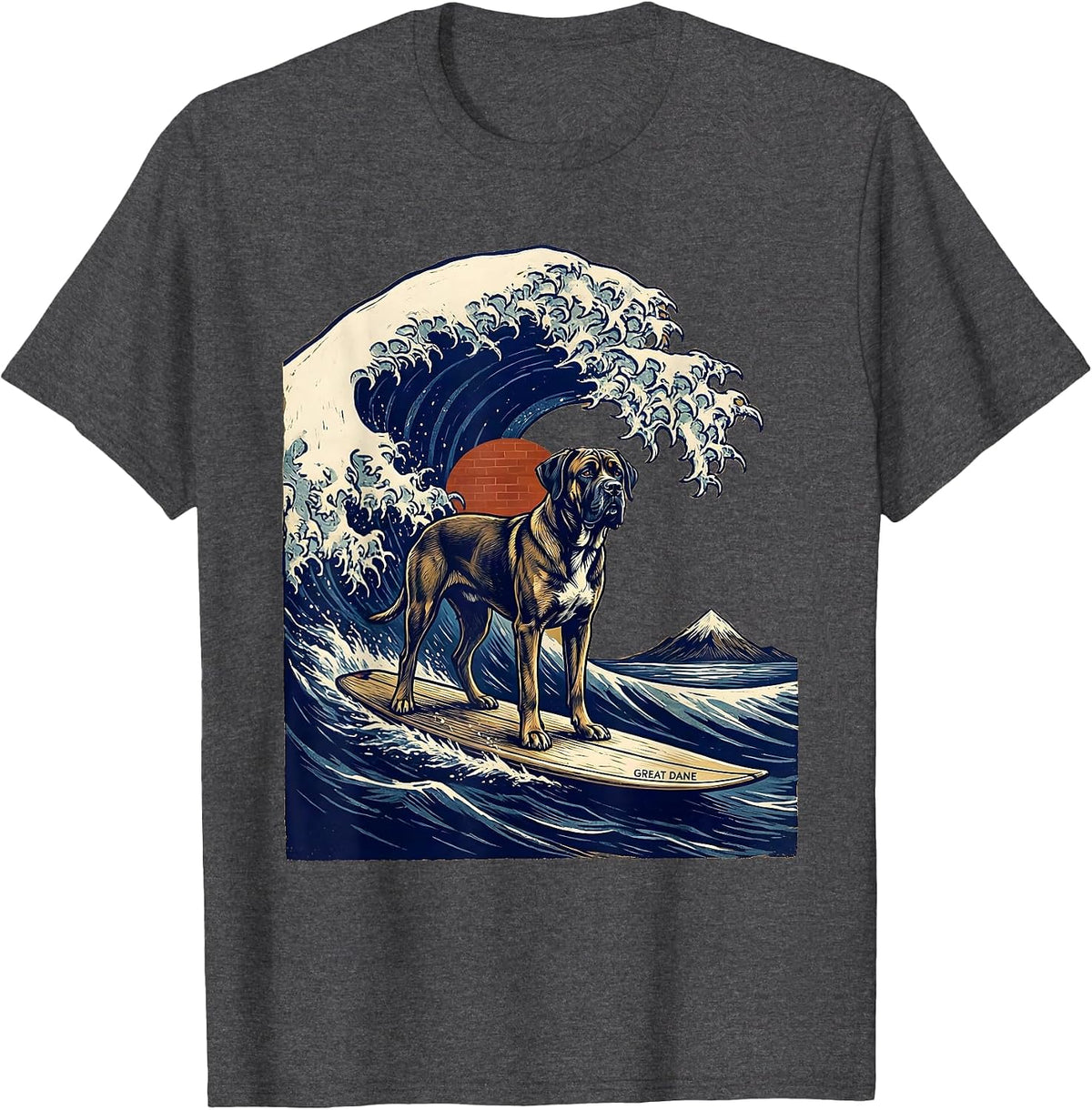 Great Dane Linocut Funny Surf Dog Breed Owner Gift T-Shirt - Dark Heather Grey