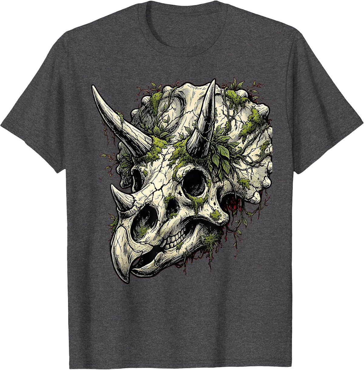 Mossy Triceratops Skull Dinosaur Illustration T-Shirt - Dark Heather Grey