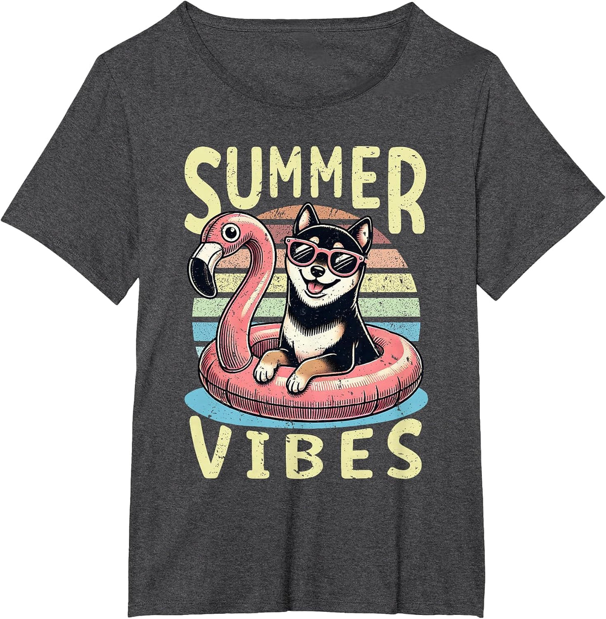 Retro Summer Vibes Black and Tan Shiba Inu Dog Vacation Trip T-Shirt - Dark Heather Grey