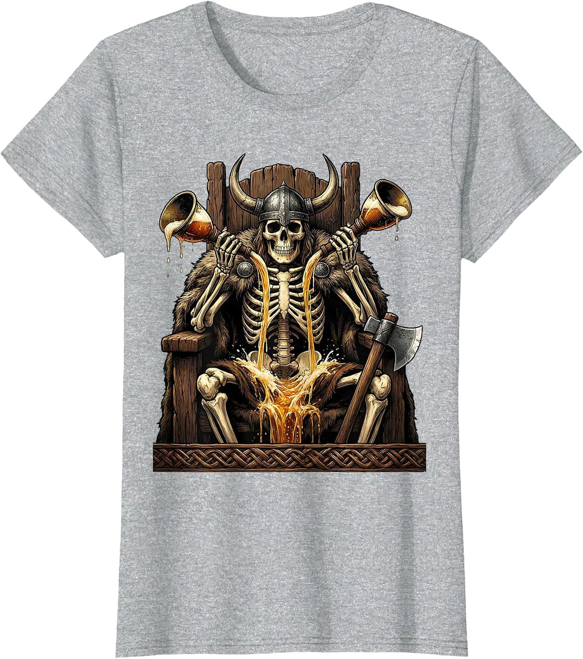 Skeleton Viking Drinking Horn Beer Illustration T-Shirt - Heather Grey