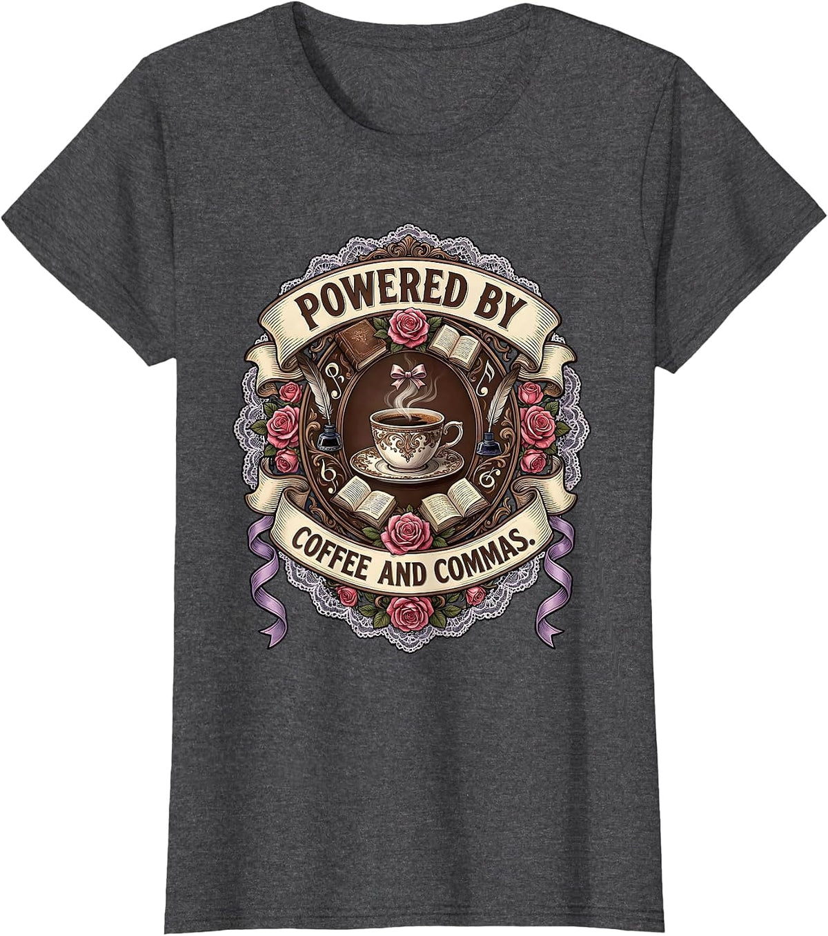 Women's Powered by Coffee and Commas English Teacher T-Shirt - Dark Heather Grey