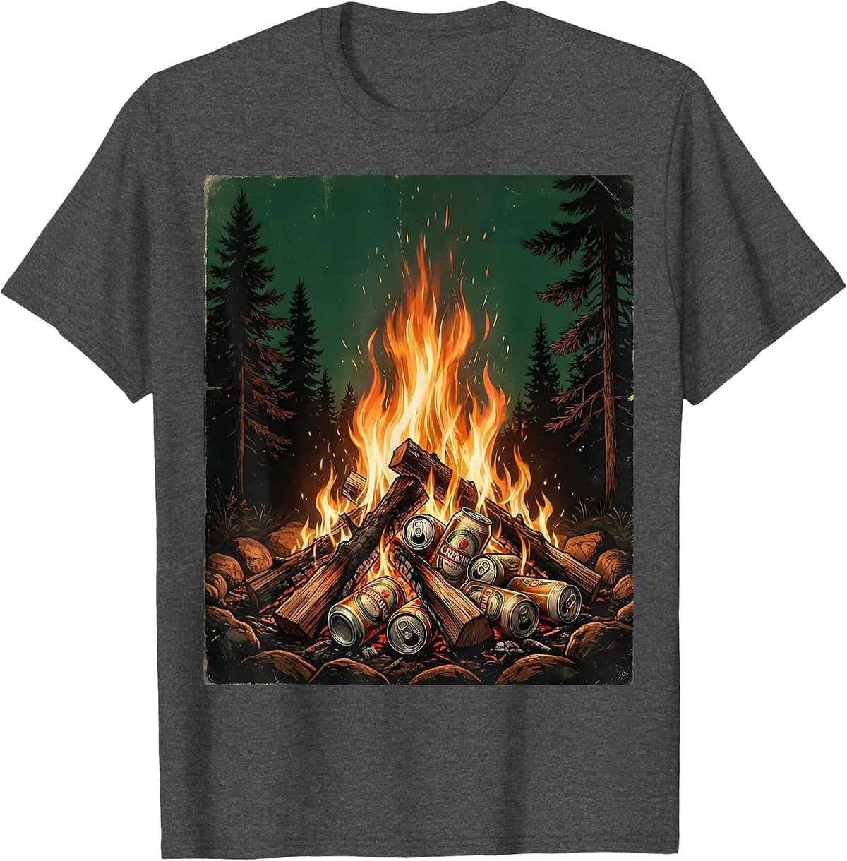 Campfire Beer Cans Pine Trees Outdoor Nature Art T-Shirt - Dark Heather Grey