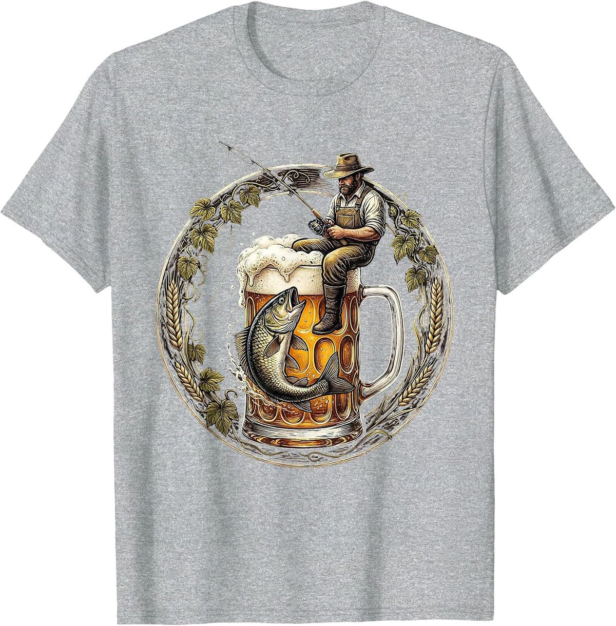 Men's Fisherman Catching Fish in a Beer Glass T-Shirt - Heather Grey