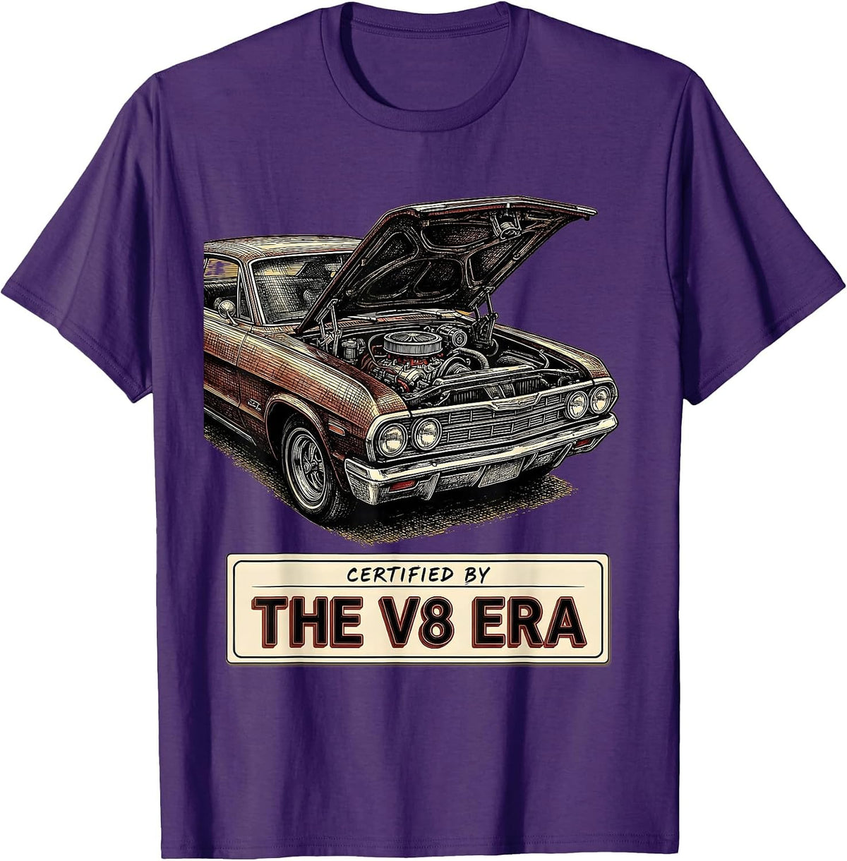 Men's Certified By The V8 Era Vintage Classic Muscle Car T-Shirt - Purple