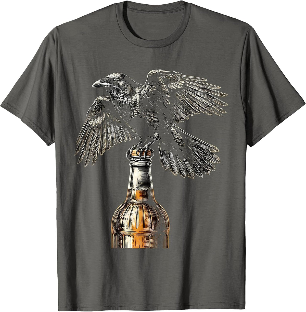 Raven on Vintage Beer Bottle Graphic Tee T-Shirt - Asphalt Grey
