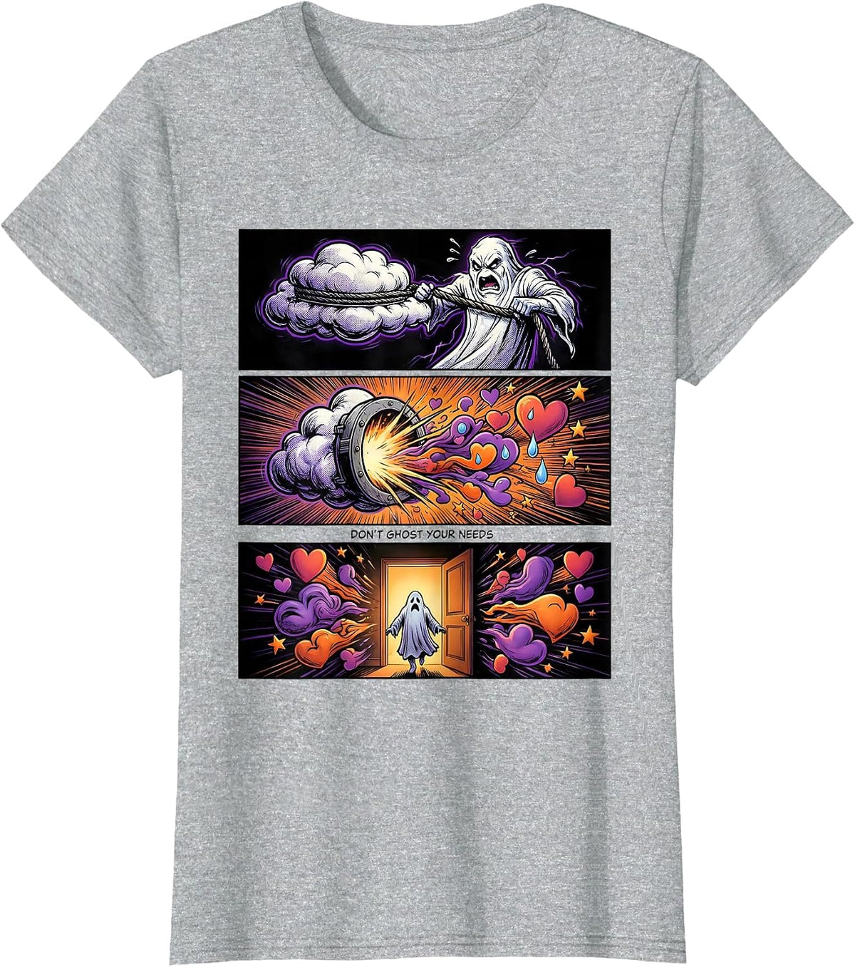 Don't Ghost Your Needs Comic Book Mental Health Halloween T-Shirt - Heather Grey