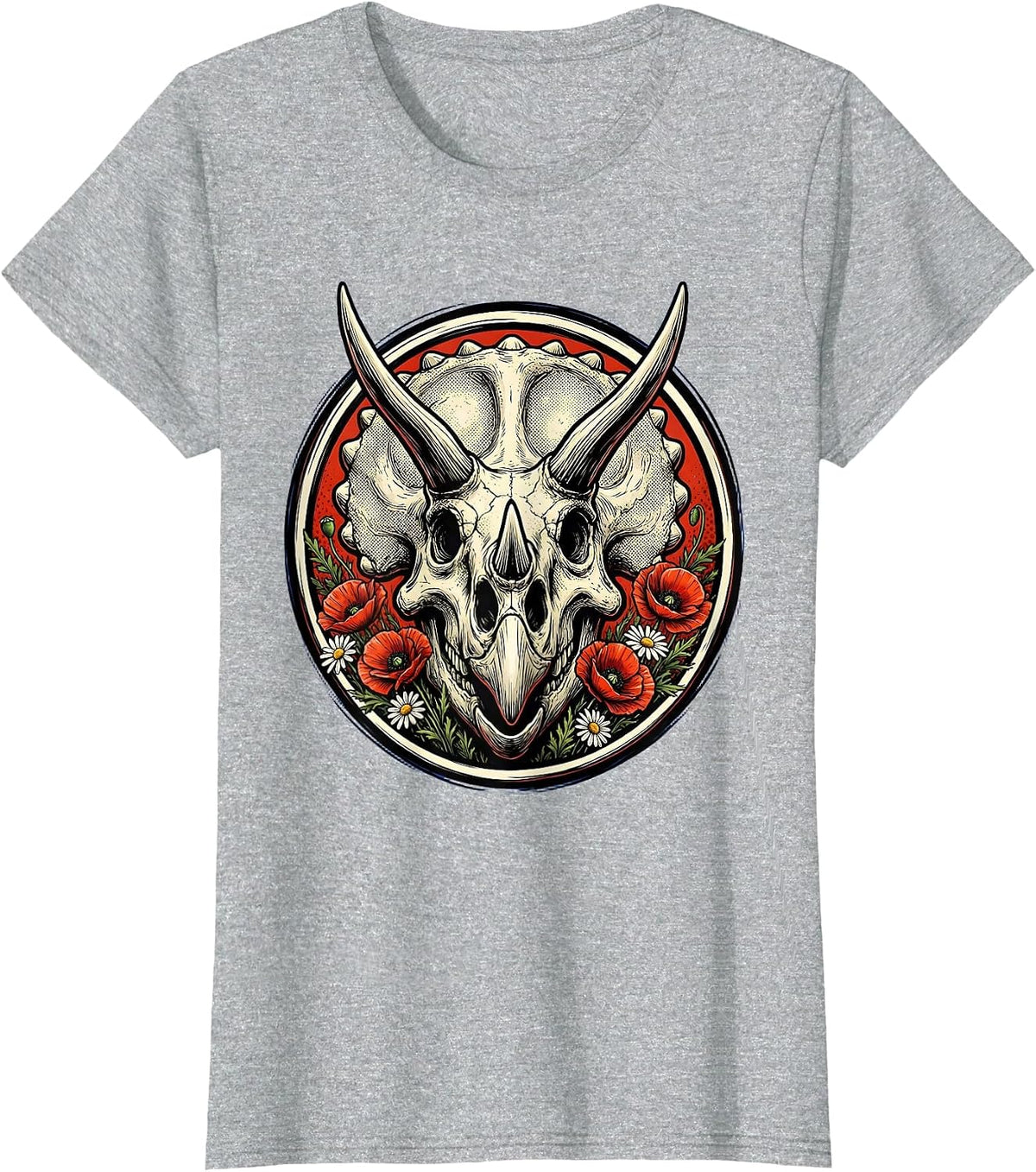 Women's Triceratops Skull Wildflowers Dinosaur Illustration T-Shirt - Heather Grey