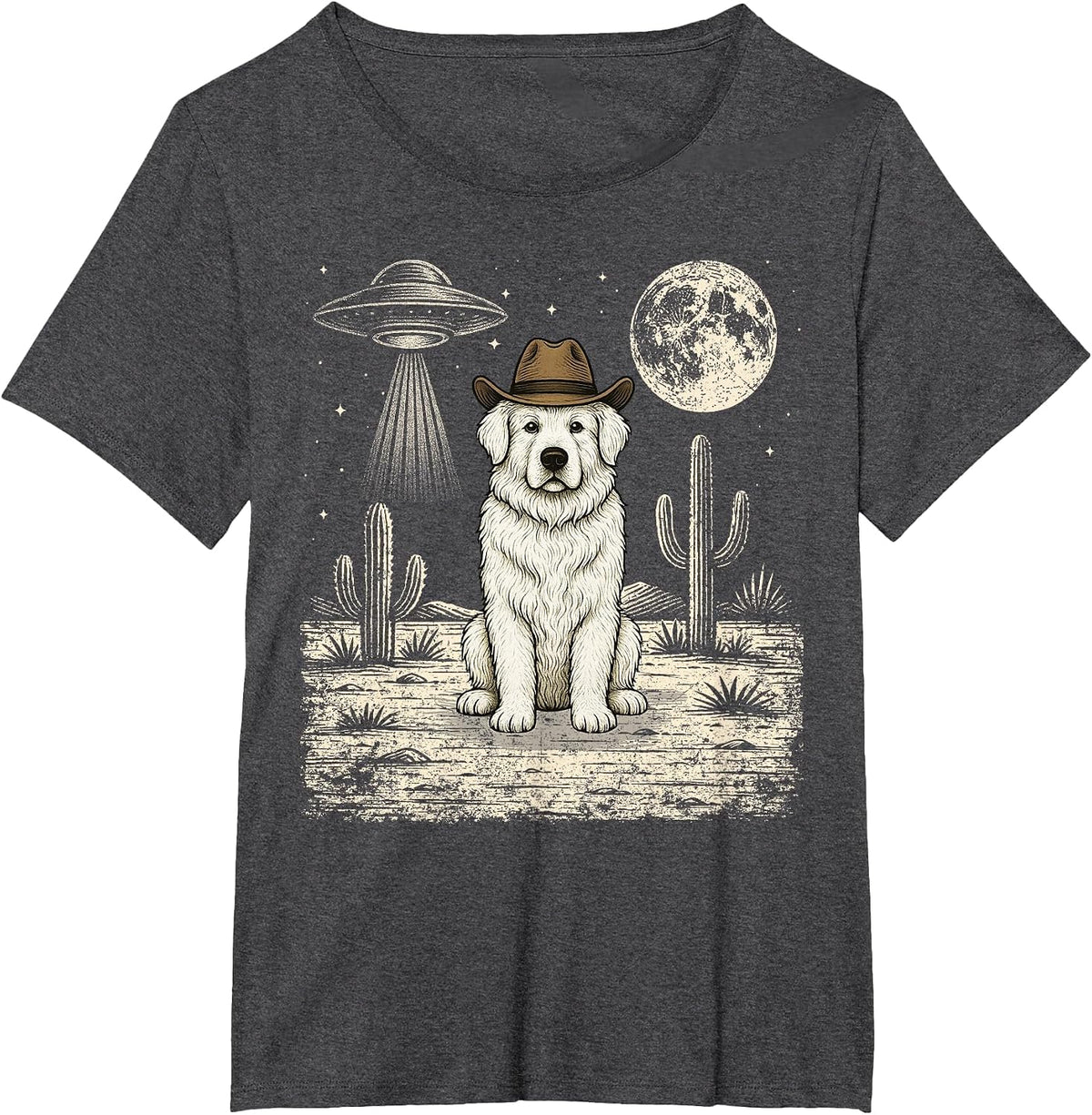 Funny Great Pyrenees Cowboy Western Dog UFO T-Shirt - Dark Heather Grey