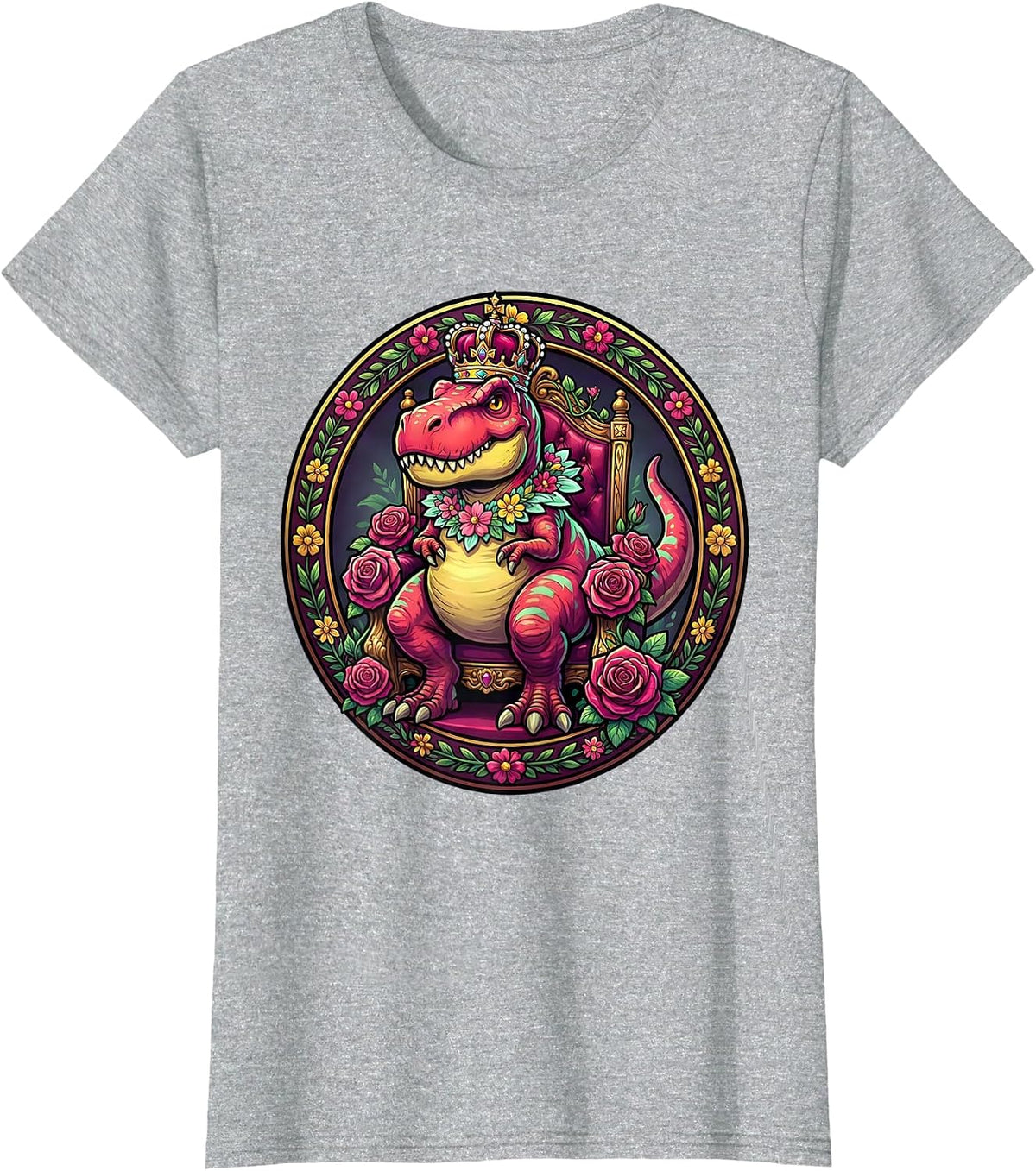 Dinosaur Queen Floral Throne Graphic T-Shirt - Heather Grey