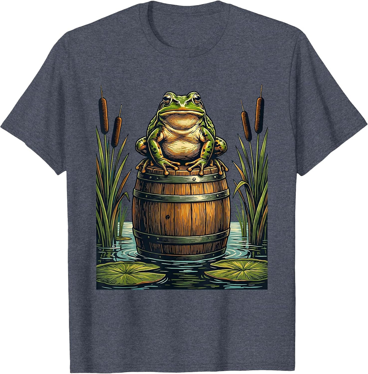 Frog on a Keg Swamp Beer Illustration T-Shirt - Heather Blue