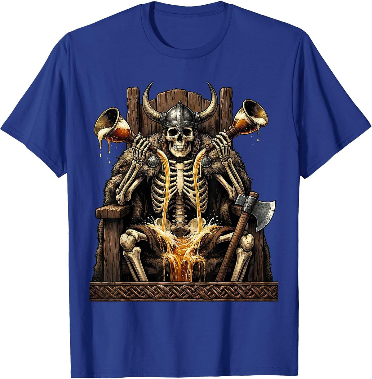 Skeleton Viking Drinking Horn Beer Illustration T-Shirt - Royal Blue
