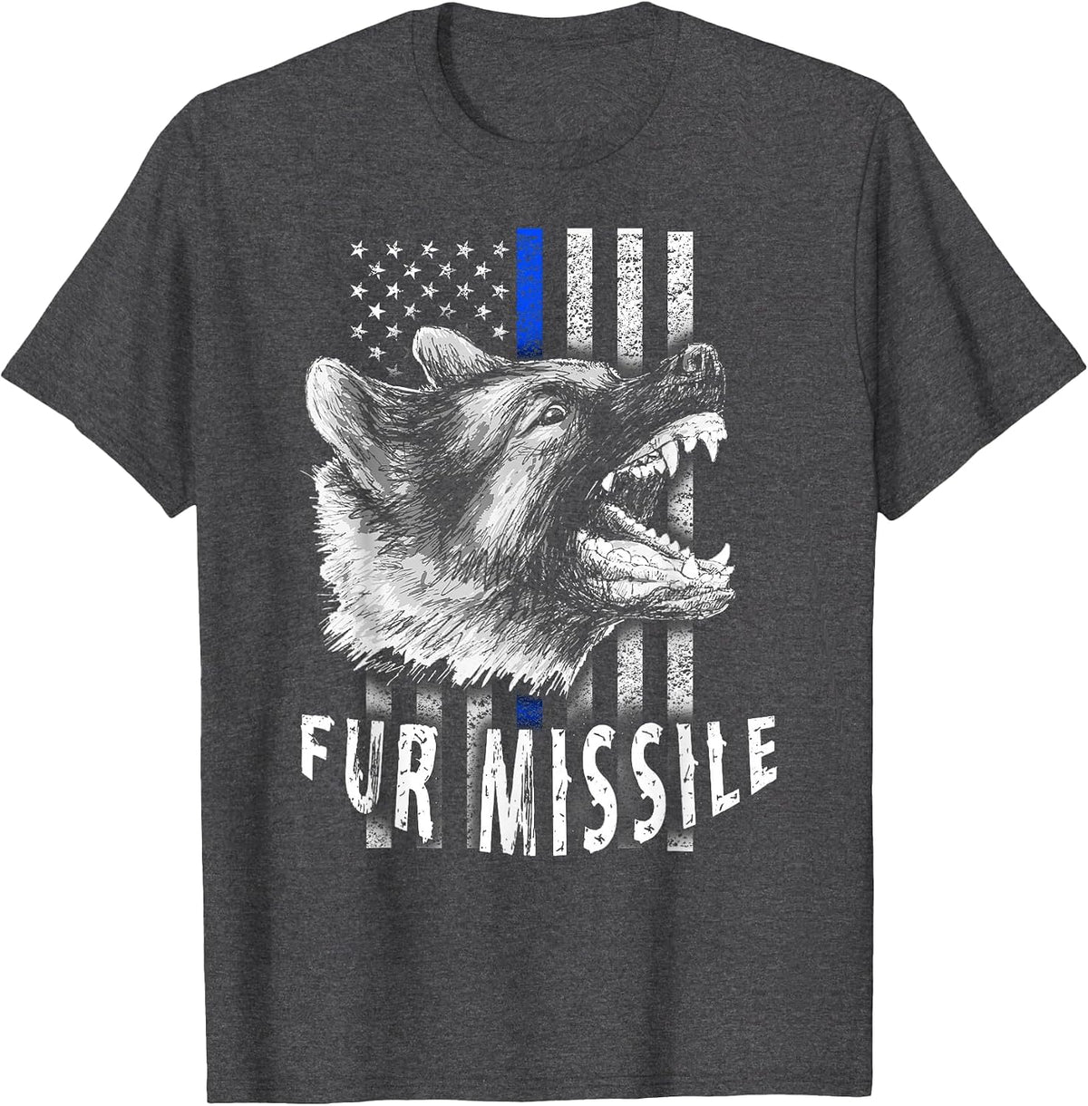 Fur Missile K-9 T-Shirt Vertical Thin Blue Line Flag T-Shirt - Dark Heather Grey