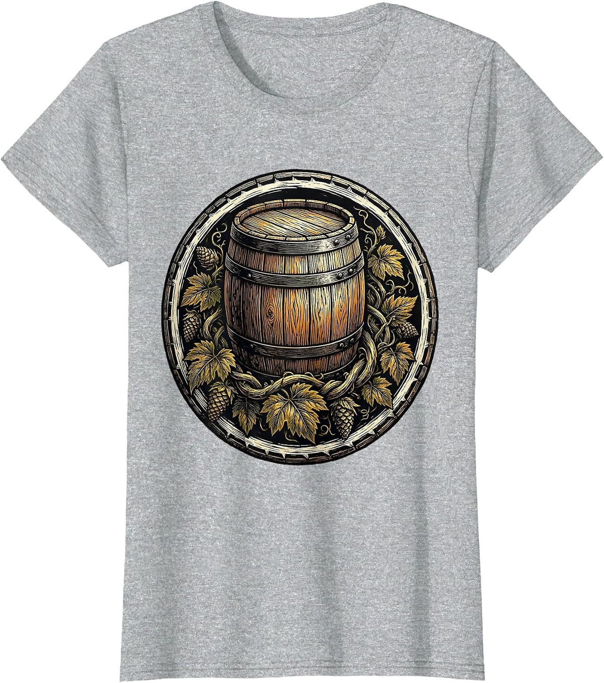 Hop Vines and Barrel Craft Beer Illustration T-Shirt - Heather Grey