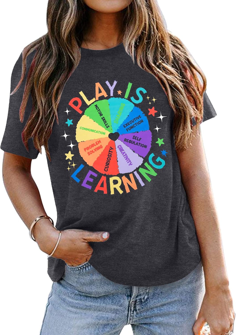 Teacher Shirts Women Kindergarten Tshirt Play is Learning Tshirts Back to School Teacher Tee Tops - Gray