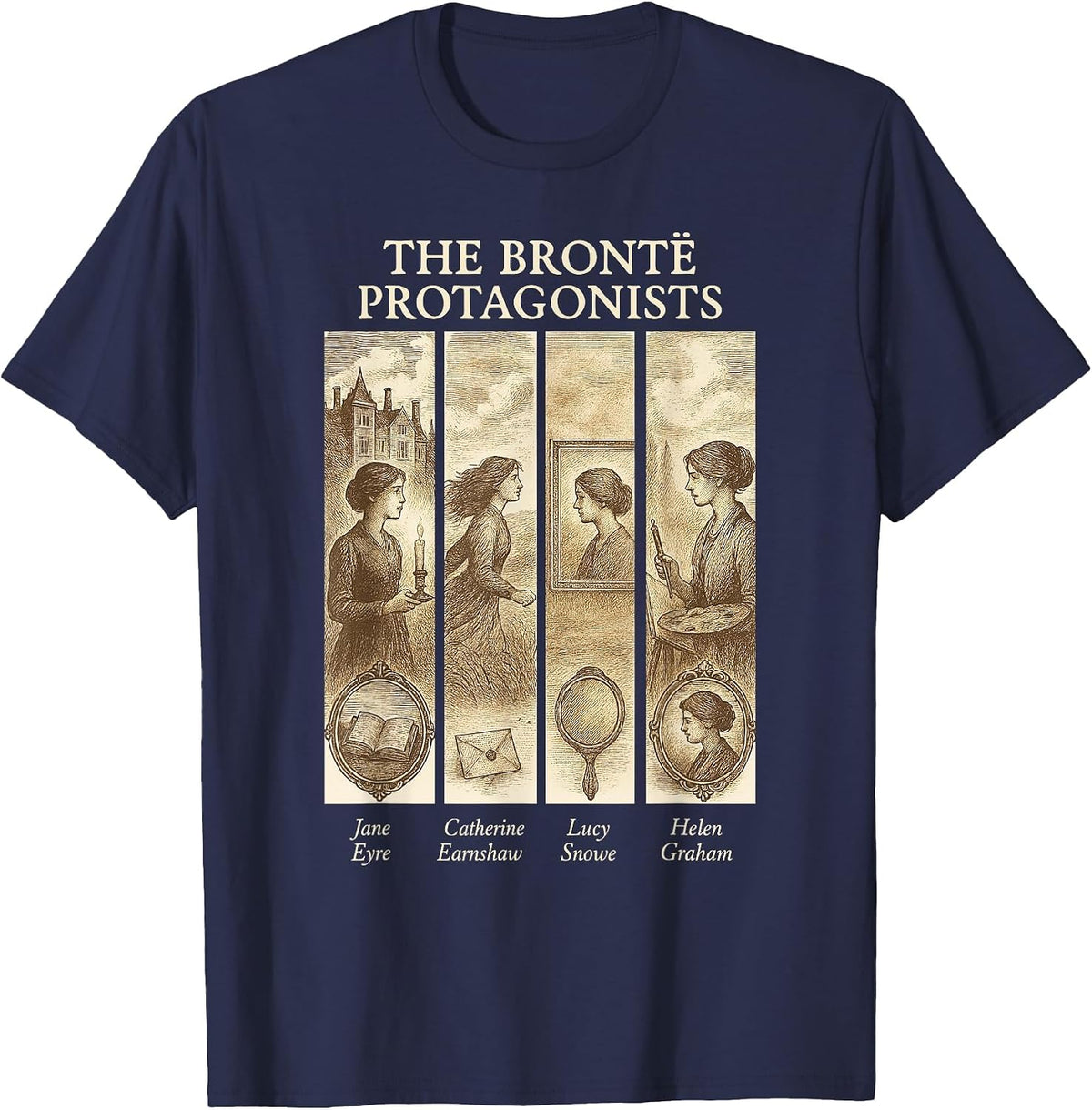 Jane Eyre, Wuthering Heights, Bronte Sisters, Heathcliff T-Shirt - Navy Blue