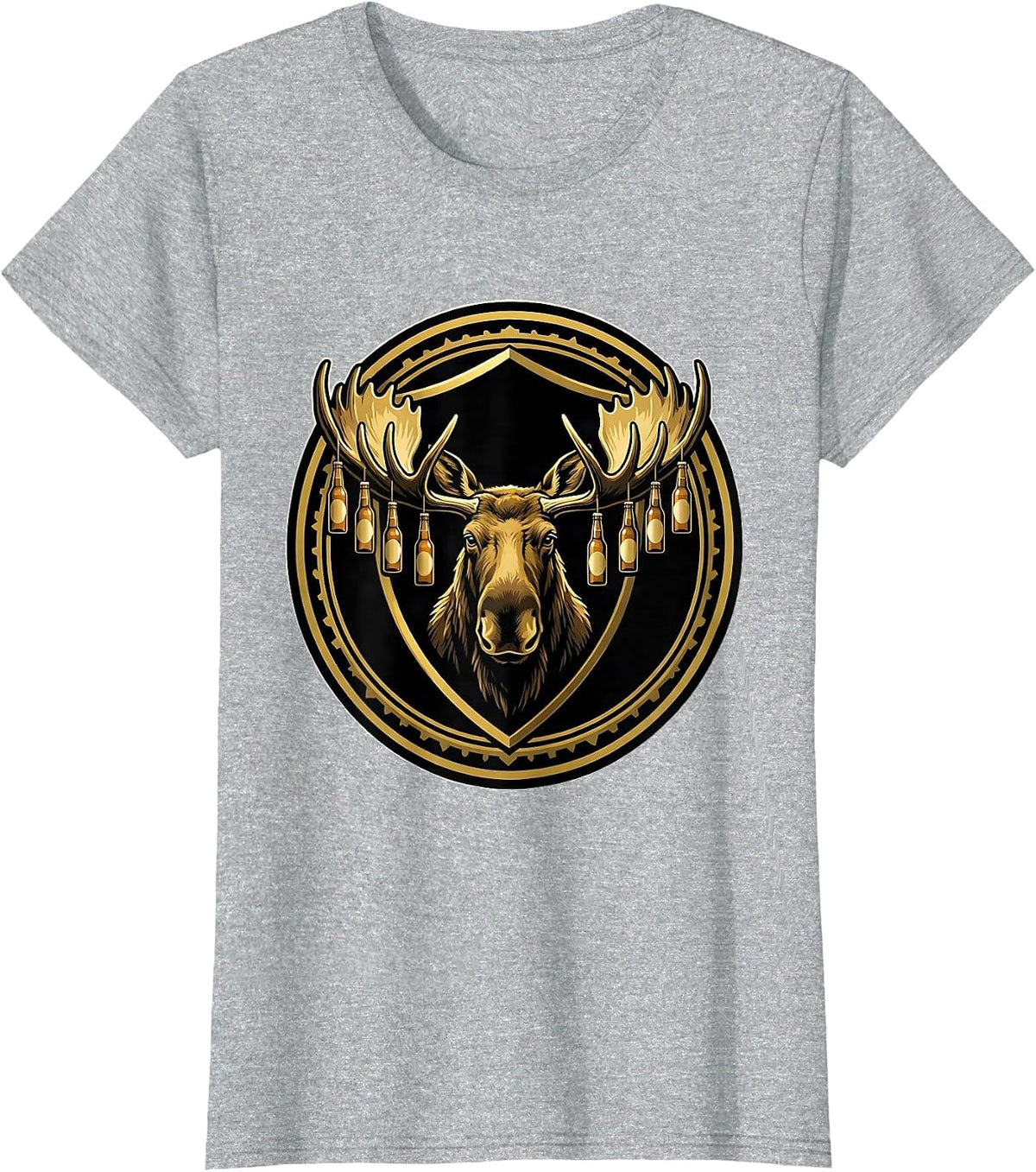 Women's Moose Antlers Beer Bottles Graphic Design T-Shirt - Heather Grey