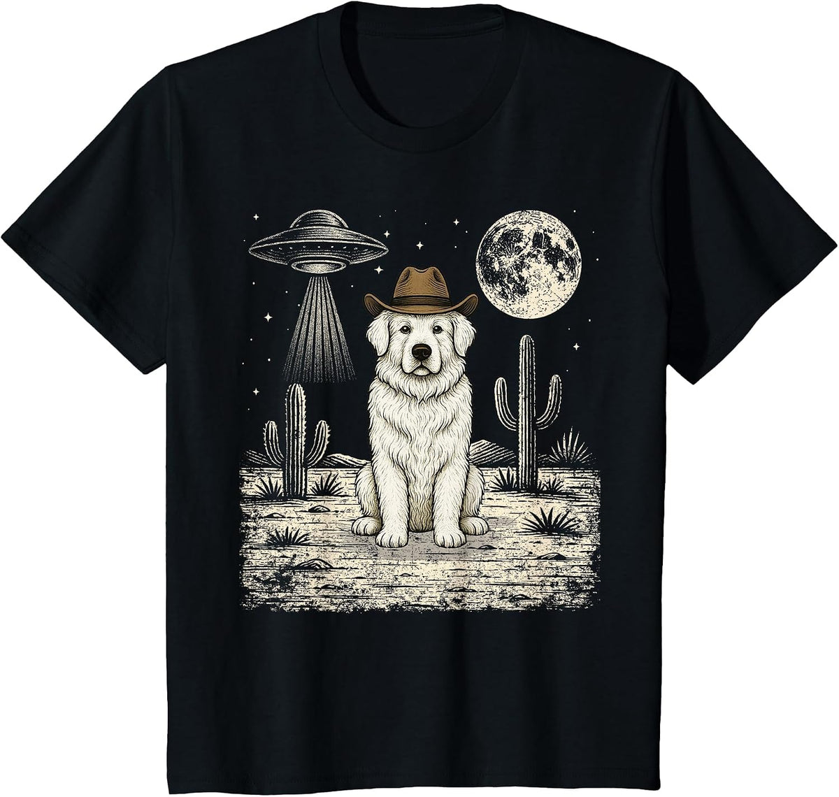 Funny Great Pyrenees Cowboy Western Dog UFO T-Shirt - Black