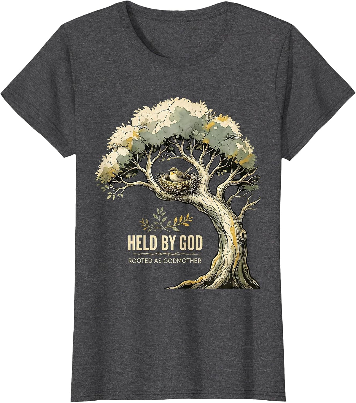 Women's Held By God Rooted As Godmother Boho Faith Christian Gift T-Shirt - Dark Heather Grey