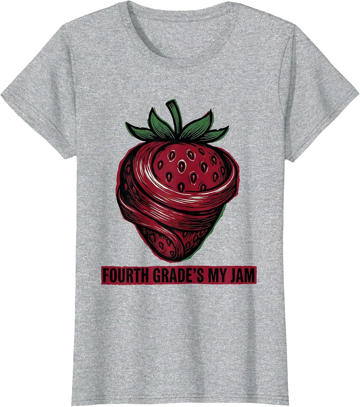 Fourth Grade's My Jam Linocut Strawberry Back to School T-Shirt - Heather Grey