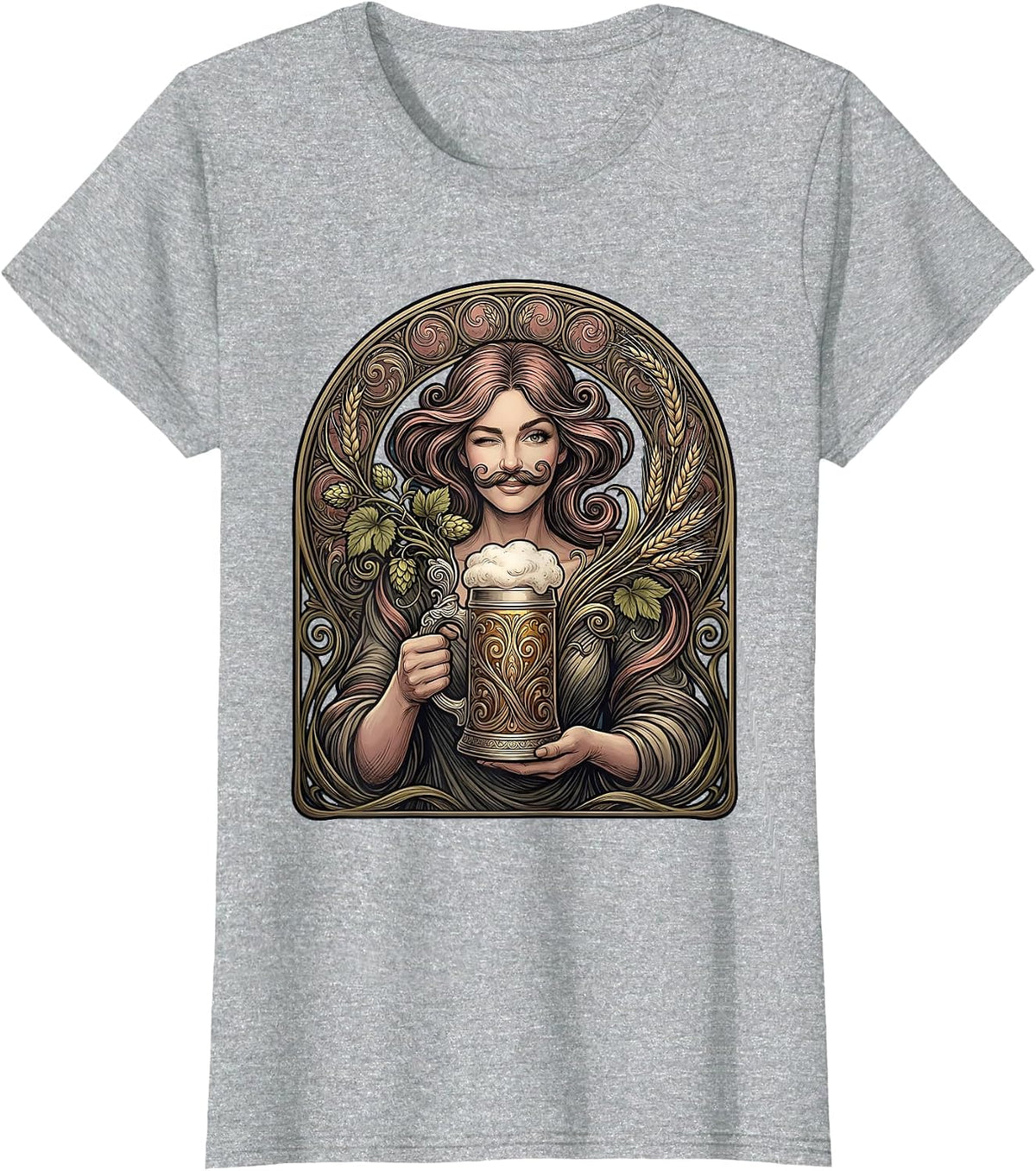 Women's Beer Foam Mustache Winking Illustration T-Shirt - Heather Grey
