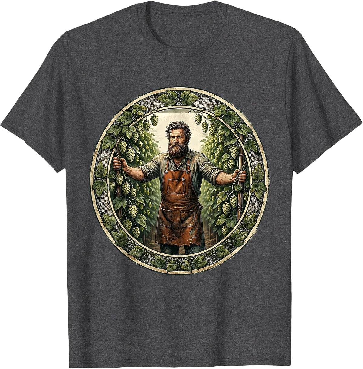 Men's Bearded Hop Farmer Beer Garden Illustration T-Shirt - Dark Heather Grey