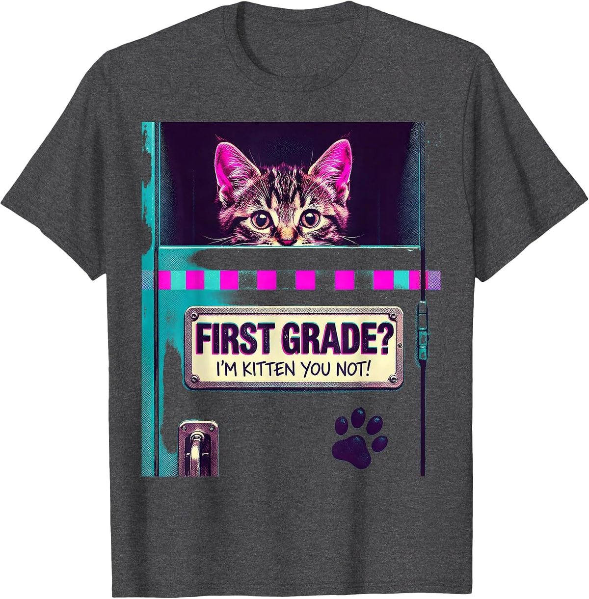 Men's First Grade? I’m Kitten You Not Cute Cat Lover Back T-Shirt - Dark Heather Grey