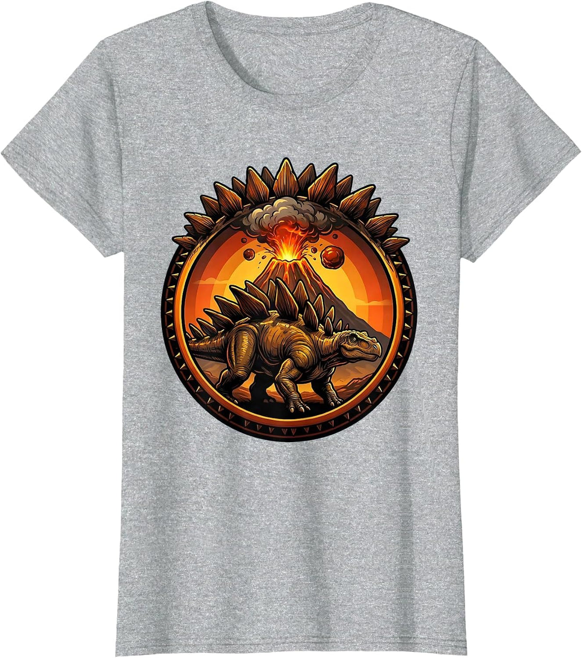Stegosaurus Silhouette Volcano Sunset Dinosaur T-Shirt - Heather Grey