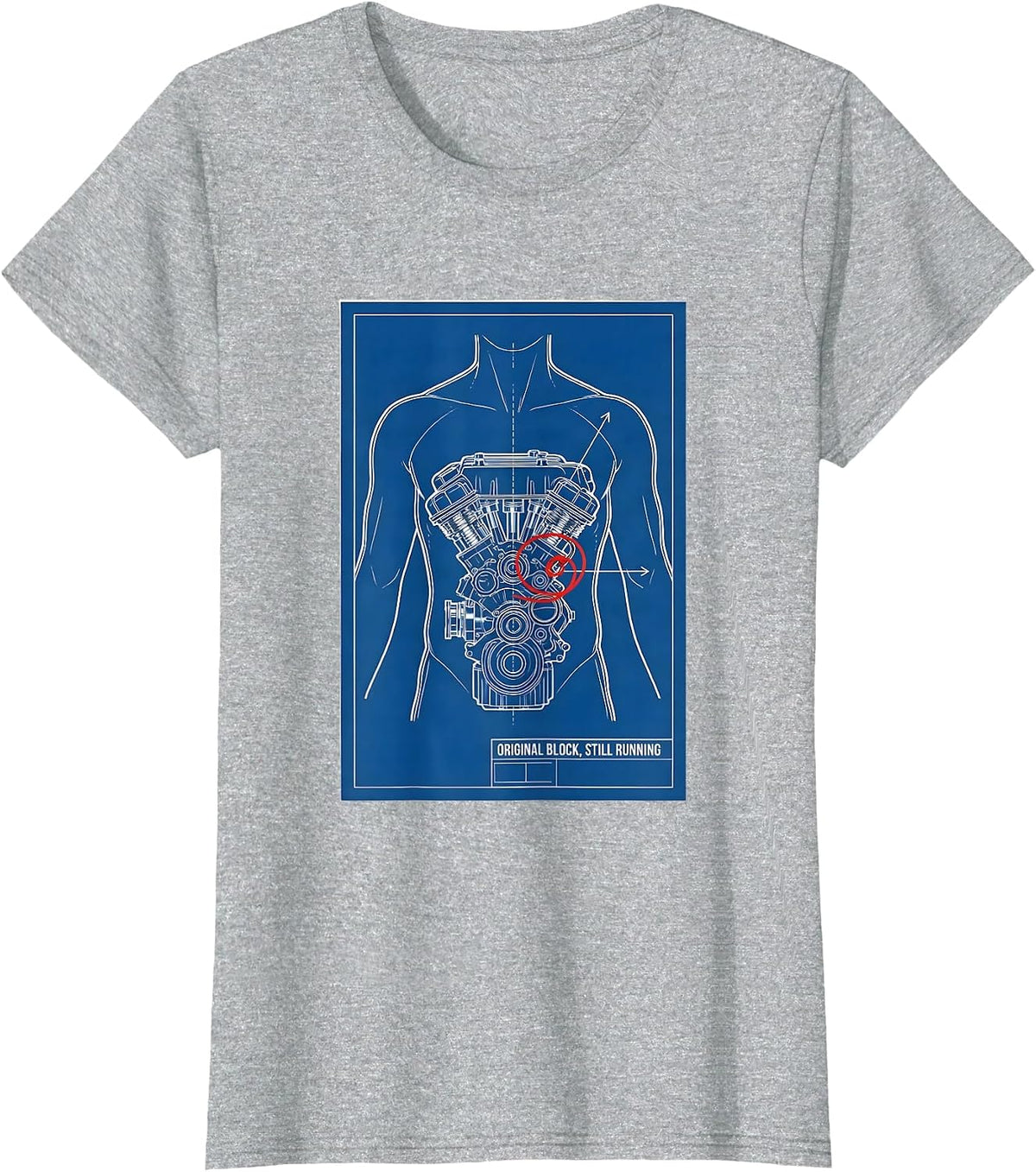 Women's Original Block Still Running Technical Blueprint Muscle Car T-Shirt - Heather Grey