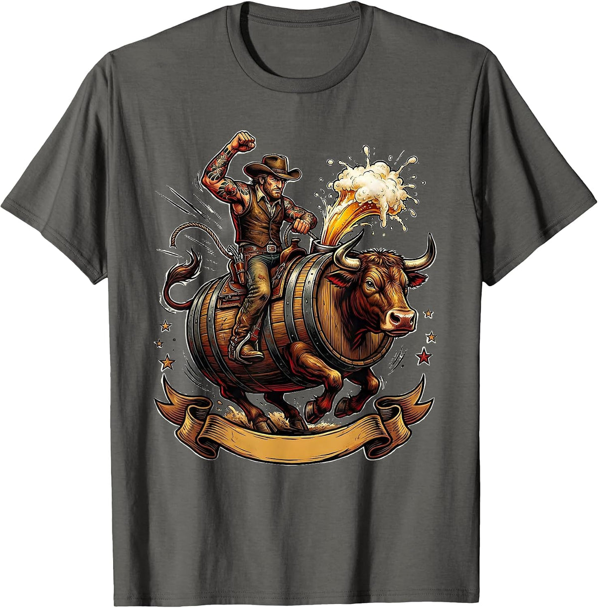 Men's Beer Barrel Bull Rider Funny Drinking Graphic T-Shirt - Asphalt Grey