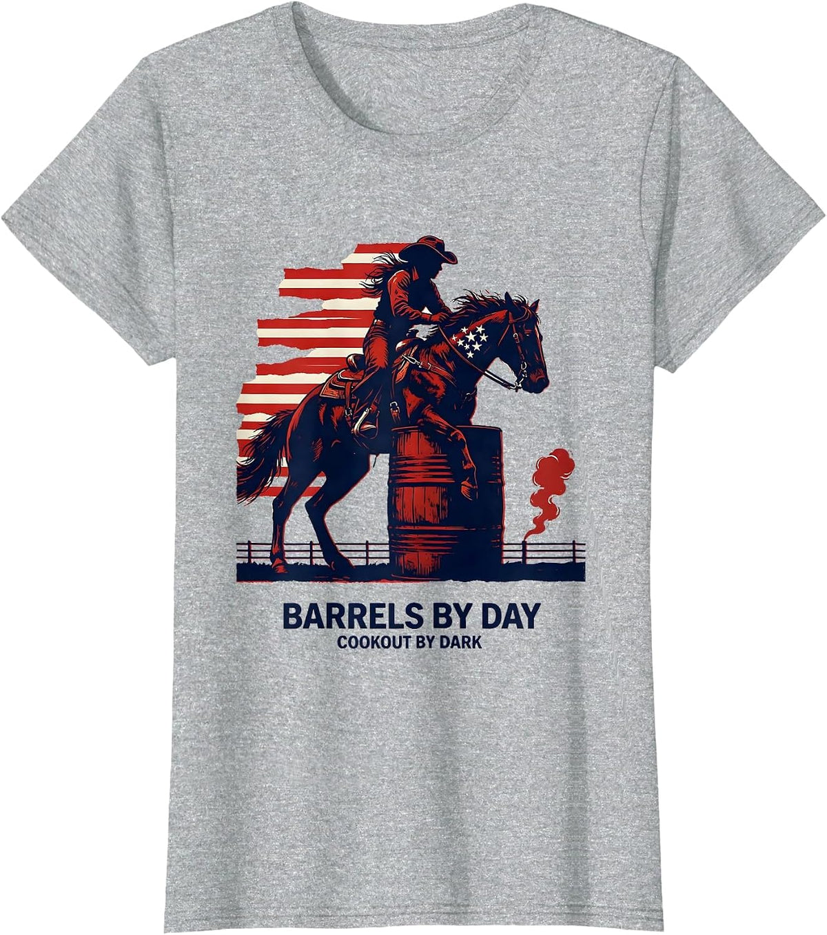 Women's Barrels By Day, Cookout By Dark Patriotic Horse 4th of July T-Shirt - Heather Grey