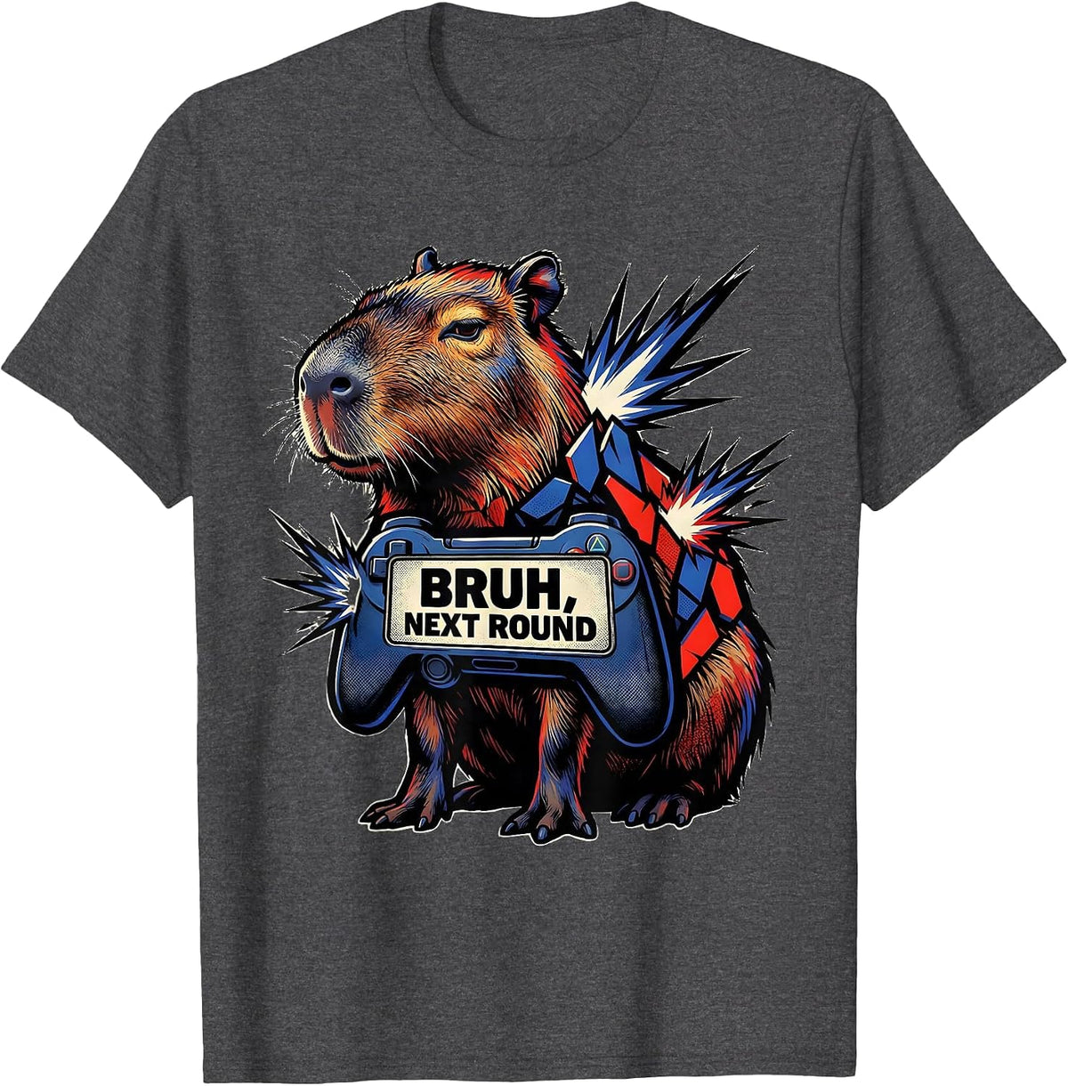 Bruh Next Round Comic Book Capybara Gamer Humor T-Shirt - Dark Heather Grey