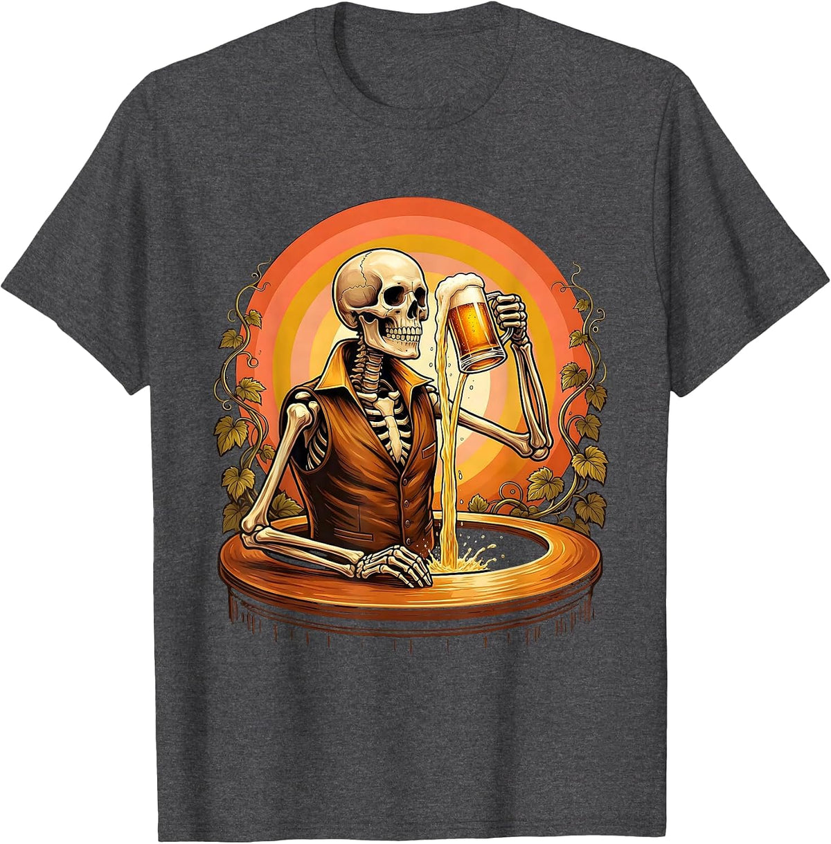 Skeleton Bartender Pouring Golden Draft Beer T-Shirt - Dark Heather Grey