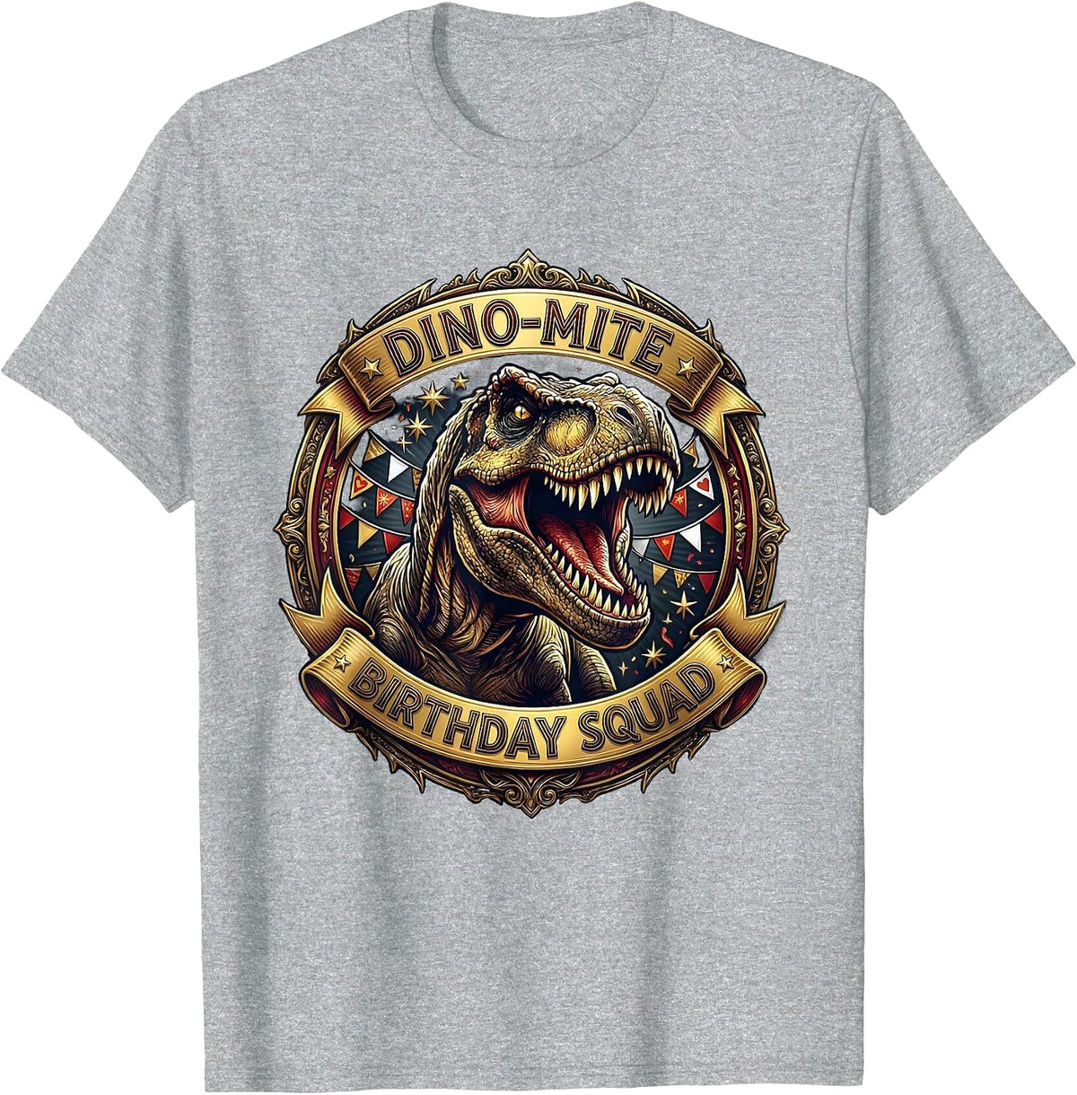 Men's Dino-Mite Birthday Squad Dinosaur Design T-Shirt - Heather Grey