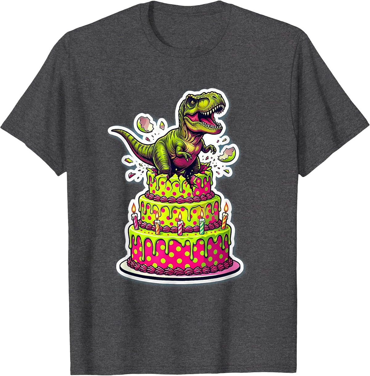 Baby Dinosaur Hatching Birthday Cake Illustration T-Shirt - Dark Heather Grey