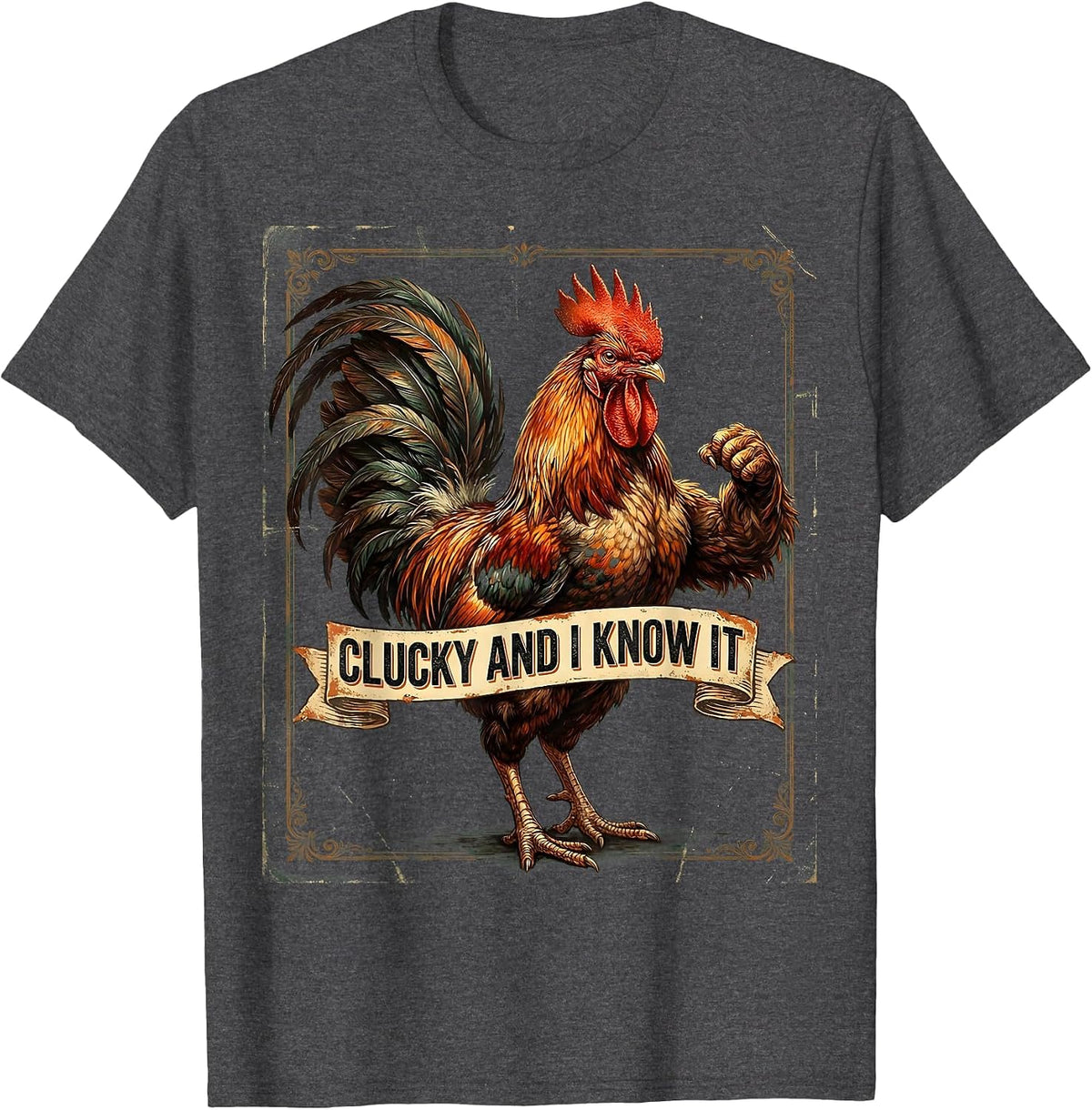 Clucky and I Know It Funny Chicken Design T-Shirt - Dark Heather Grey