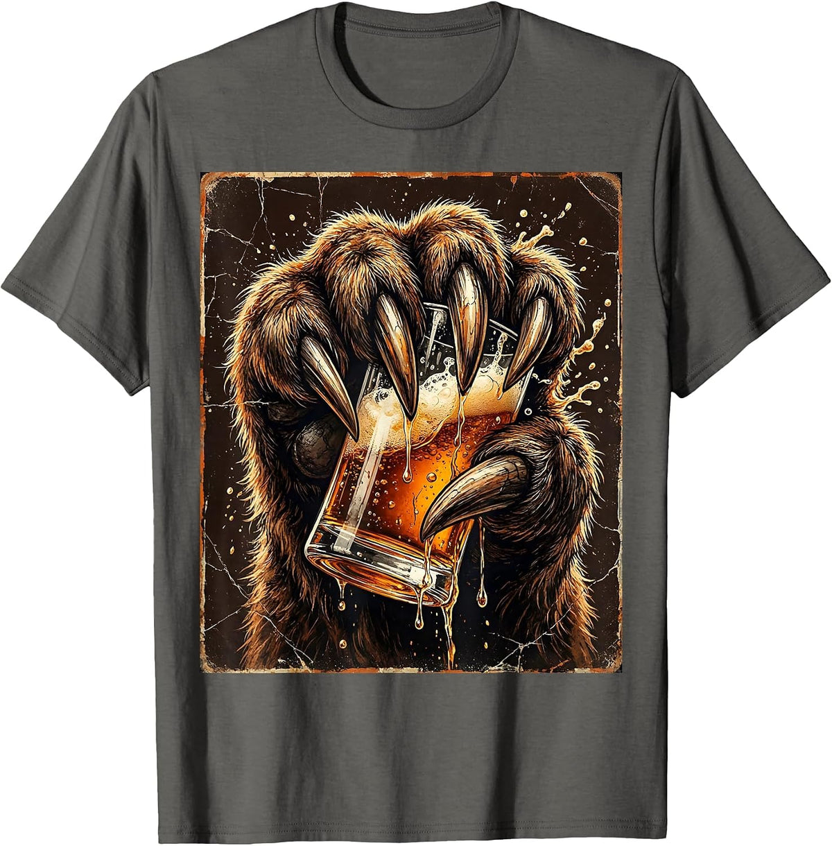 Bear Paw Gripping a Pint Glass Graphic Design T-Shirt - Asphalt Grey