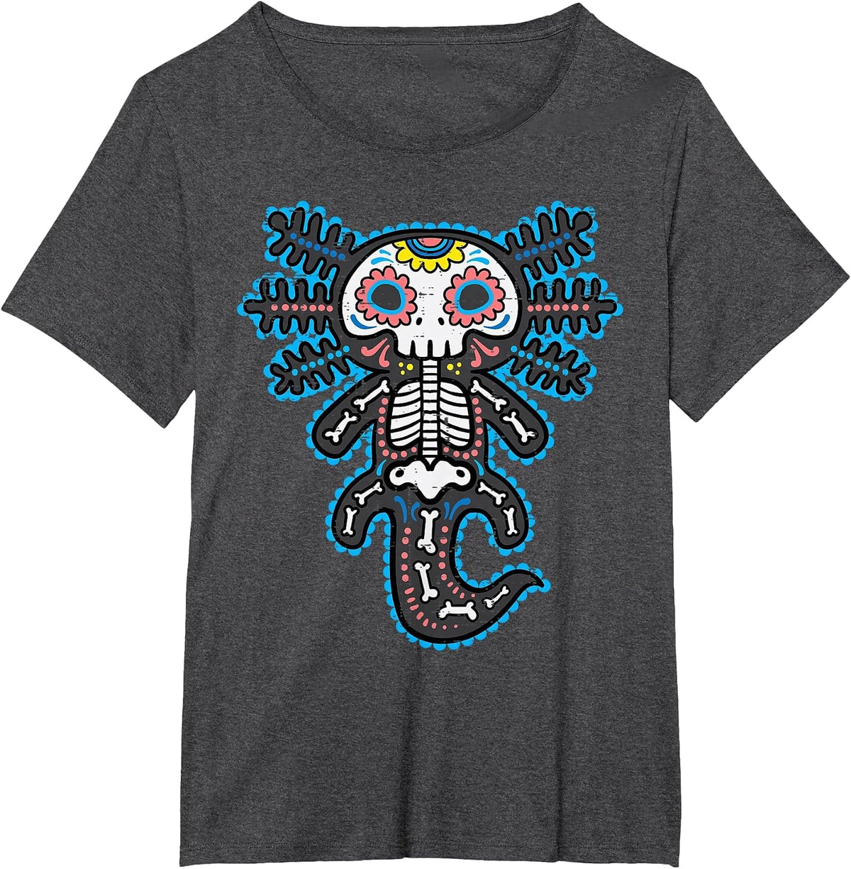Sugar Skull Axolotl Skeleton Halloween Dia De Los Muertos T-Shirt - Dark Heather Grey