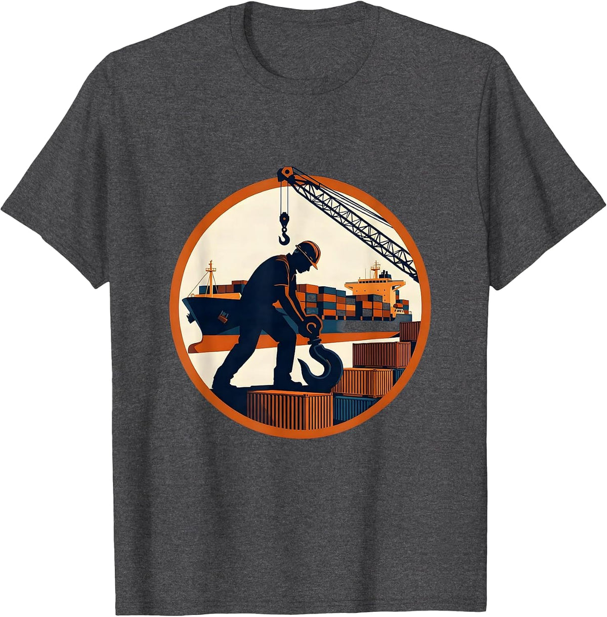 Labor Day Dock Worker Cargo Ship Port Illustration T-Shirt - Dark Heather Grey