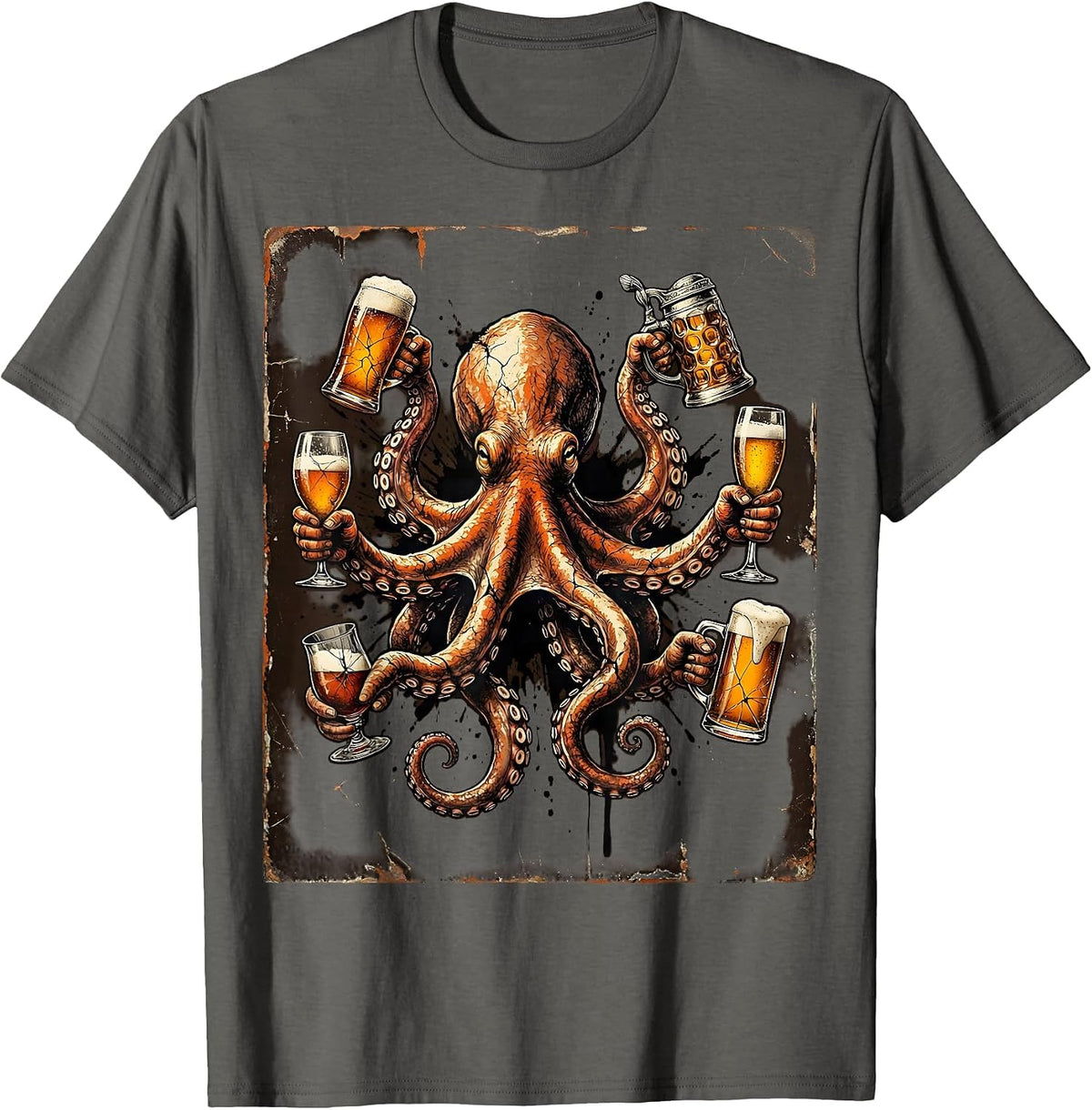 Octopus Cheers Beer Lover Graphic Design T-Shirt - Asphalt Grey