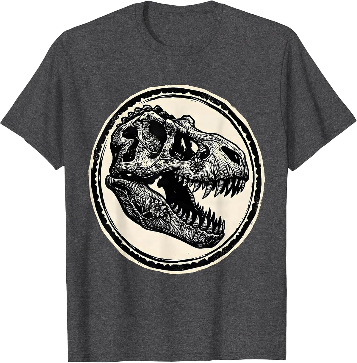T-Rex Skull Floral Vine Dinosaur Graphic T-Shirt - Dark Heather Grey