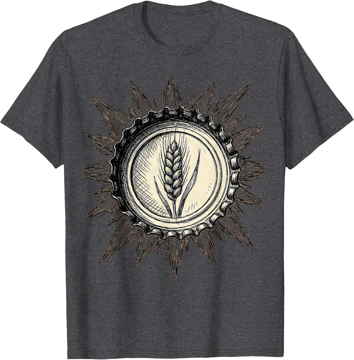 Men's Vintage Beer Bottle Cap Sun Rays Graphic Tee T-Shirt - Dark Heather Grey